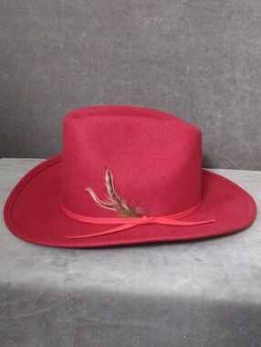 Men's X-Large Red Wool Fedora with Feather Ribbon Trim